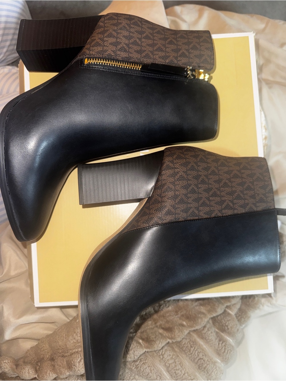Michael Kors Black and Brown Logo Block Heel Ankle Booties
